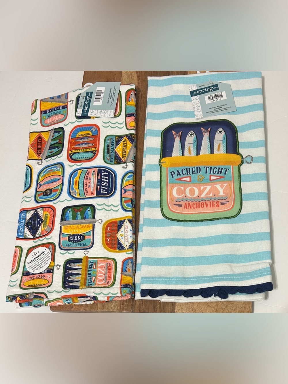 Hobby Lobby Coastal Kitchen Dish Towels Novelty Fish, Sardines, Cotton NEW